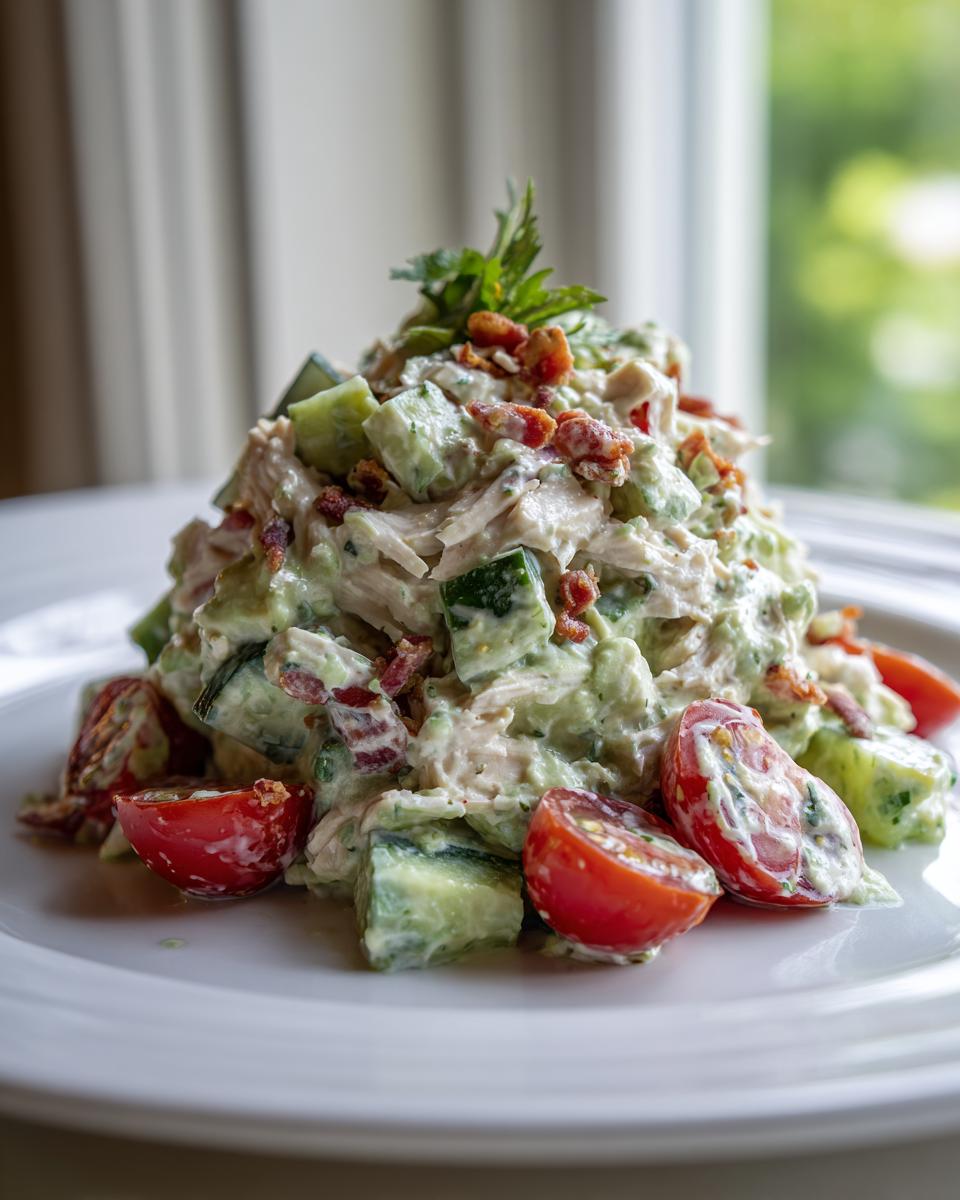 A beautifully plated mound of creamy BLT chicken salad mixed with chunks of cucumber and topped with bacon bits and parsley.
