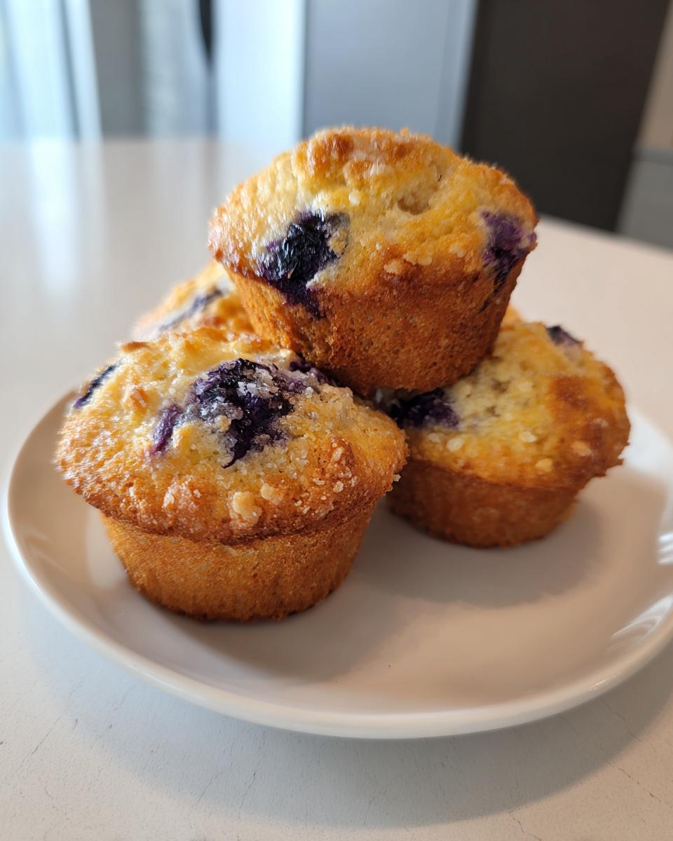 A close-up stack of four golden brown blueberry oatmeal muffins topped with coarse sugar.