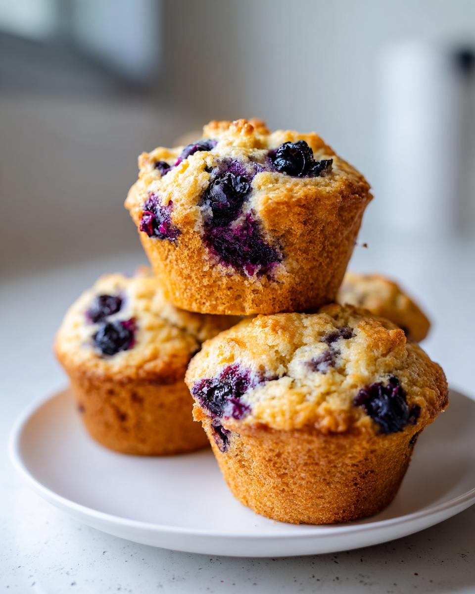 A close-up stack of three golden-brown blueberry oatmeal muffins bursting with purple blueberries on a white plate.