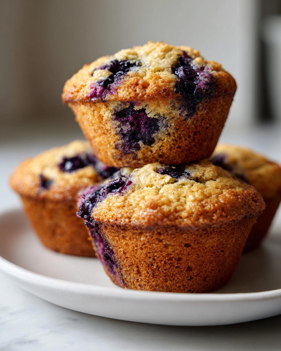 Close-up of golden brown blueberry oatmeal muffins stacked on a white plate, bursting with juicy blueberries.