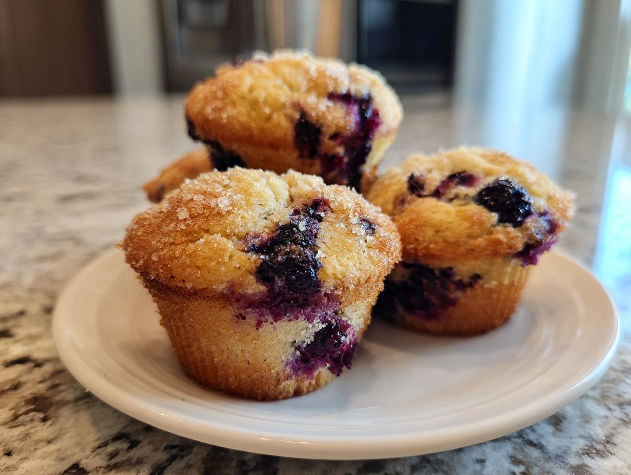 Three delicious blueberry oatmeal muffins piled on a white plate, featuring a coarse sugar topping and visible blueberries.