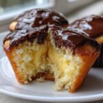 Close-up of a boston cream pie cupcakes cut in half, showing vanilla cake, pastry cream filling, and chocolate glaze.