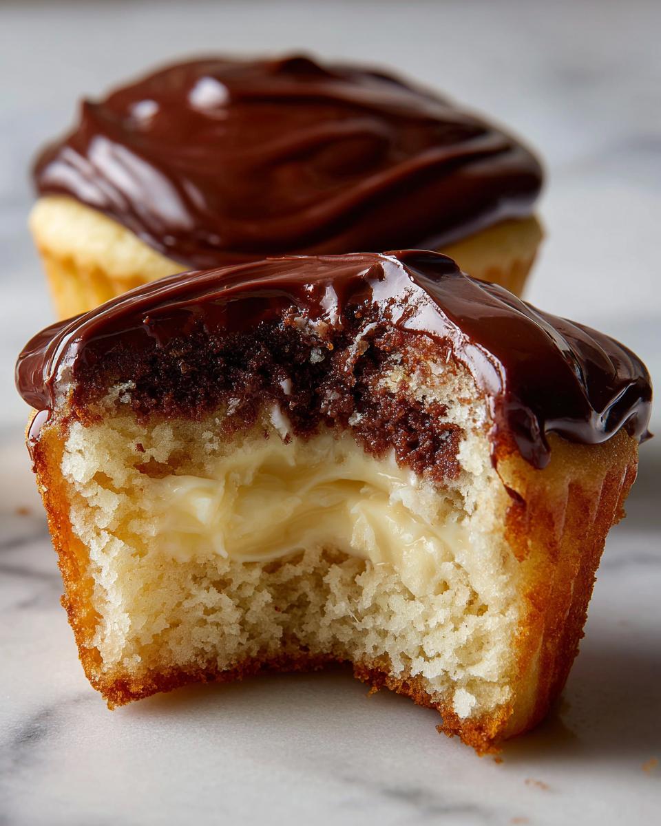 Close-up of a boston cream pie cupcakes with a bite taken out, revealing vanilla cake, pastry cream filling, and chocolate ganache topping.