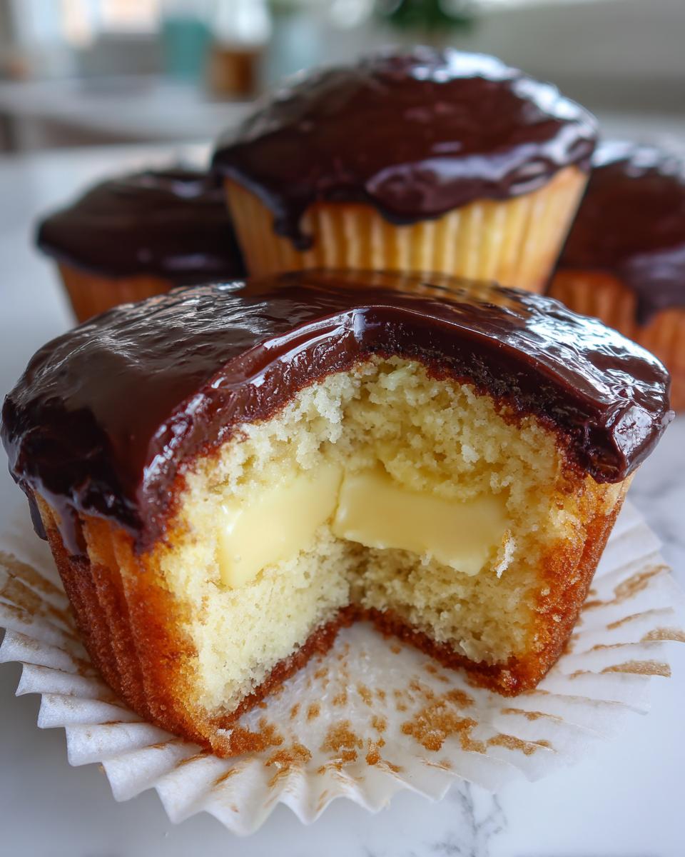 Close-up of a boston cream pie cupcakes cut in half, revealing vanilla cake and creamy custard filling, topped with chocolate ganache.