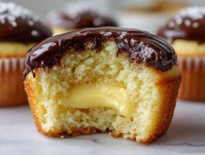 Close-up of a boston cream pie cupcakes cut in half showing vanilla cake, pastry cream filling, and chocolate ganache topping.