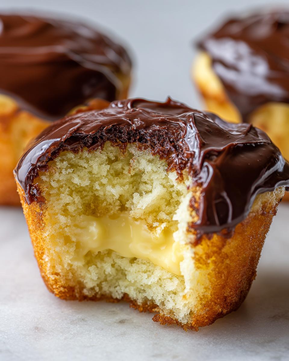 Close-up of a boston cream pie cupcakes with a bite taken out, revealing vanilla cream filling and chocolate ganache topping.