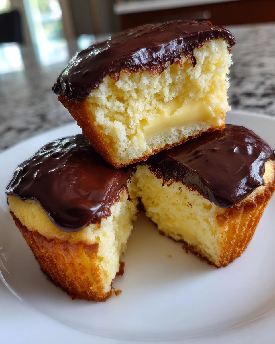 Close-up of boston cream pie cupcakes cut in half showing vanilla cake, pastry cream filling, and chocolate ganache topping.