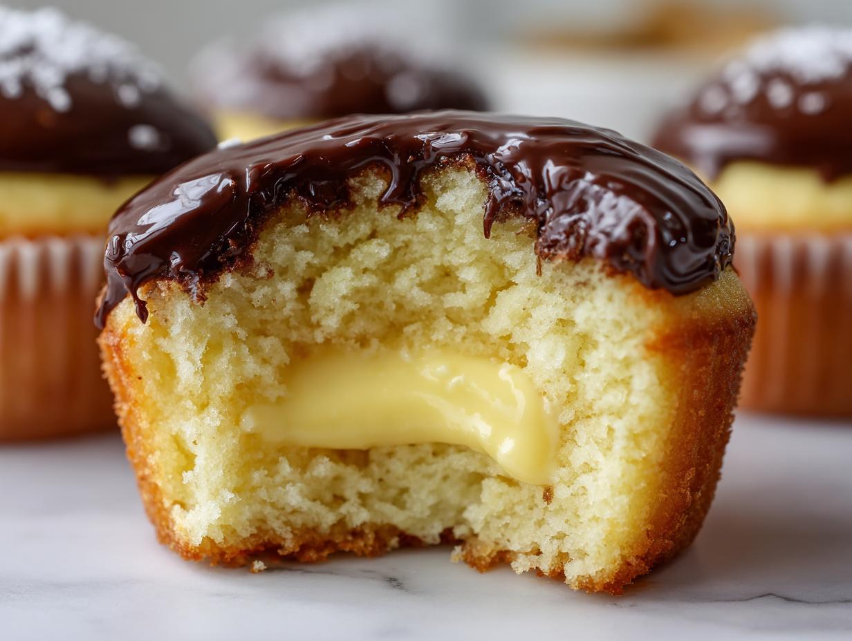 Close-up of a boston cream pie cupcakes cut in half showing vanilla cake, pastry cream filling, and chocolate ganache topping.