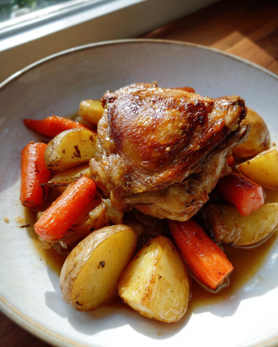 A serving of braised chicken thighs with crispy skin, surrounded by roasted potatoes and carrots in a light sauce.
