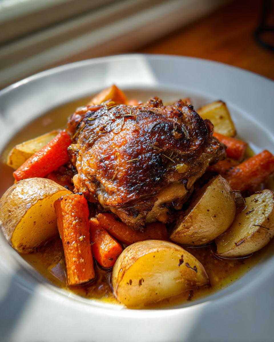 A close-up of a juicy braised chicken thigh with crispy skin served over roasted potatoes and carrots in a savory broth.