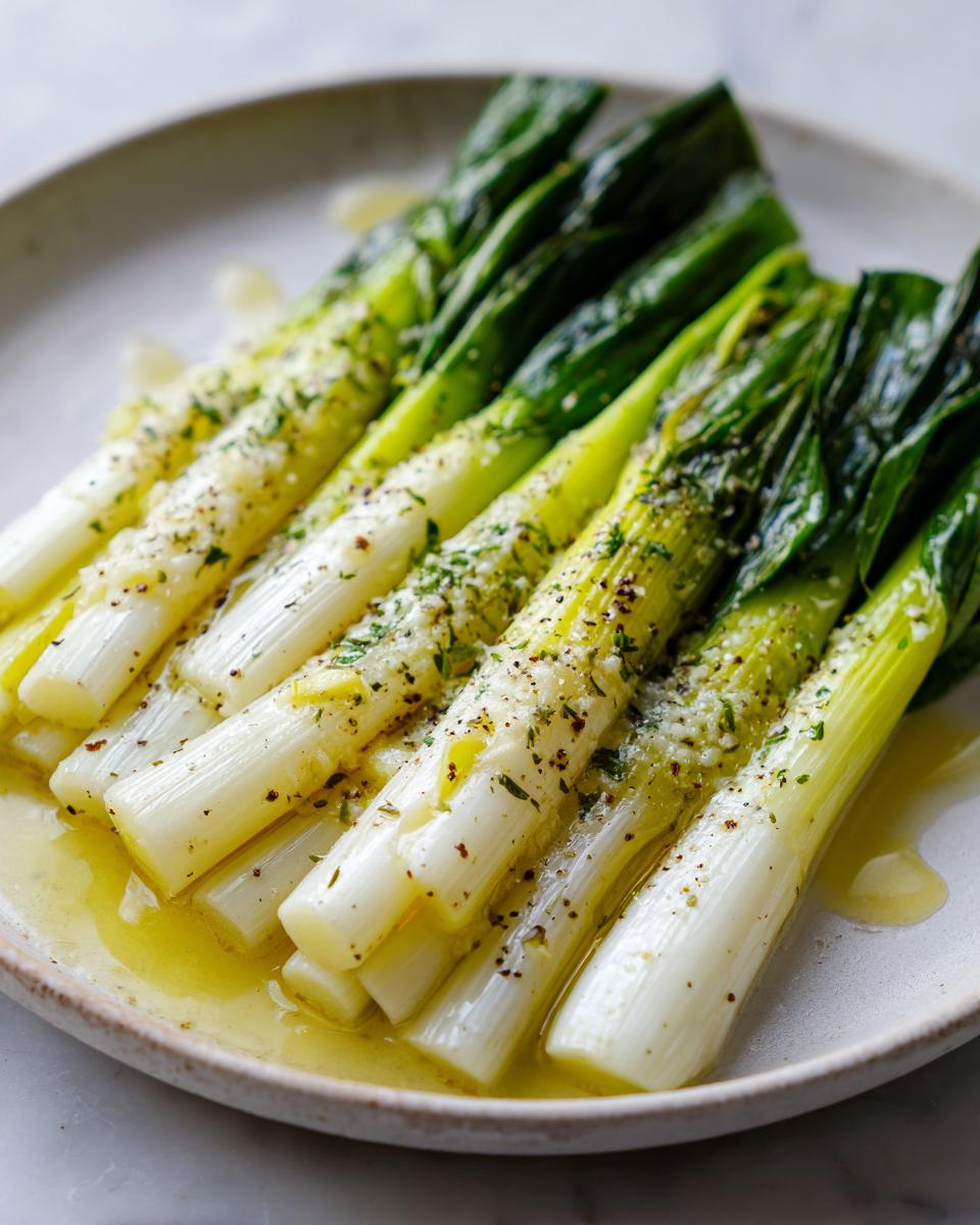 Close-up of tender braised leeks drizzled with olive oil, herbs, and seasoning on a light plate.