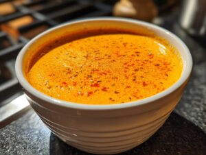 Close-up of bright orange cottage cheese queso in a white bowl, topped with spices.
