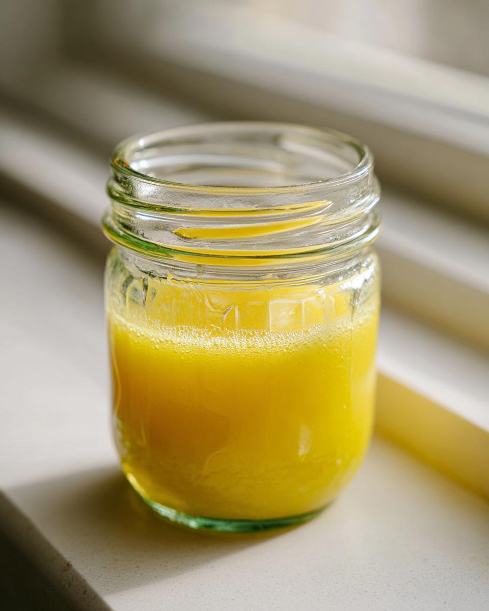 Close-up of bright yellow homemade salad dressing shaken in a small mason jar.