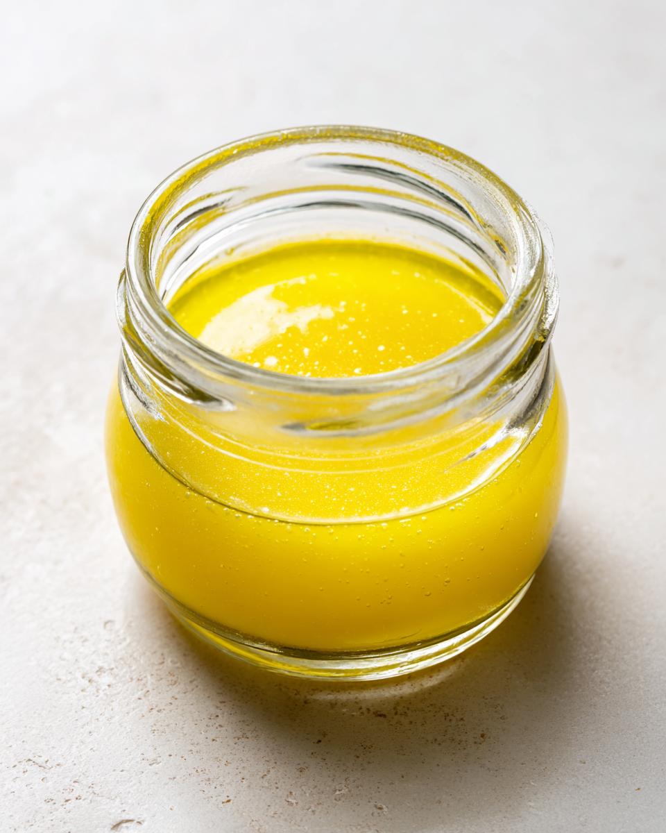 Close-up of a small glass jar filled with bright yellow homemade salad dressing, sitting on a light textured surface.
