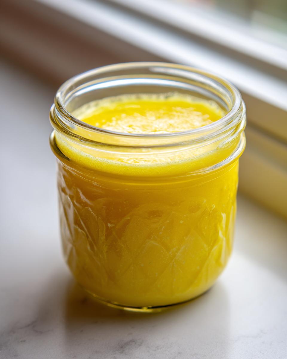 Close-up of bright yellow homemade salad dressing filling a small glass jar, ready for use.