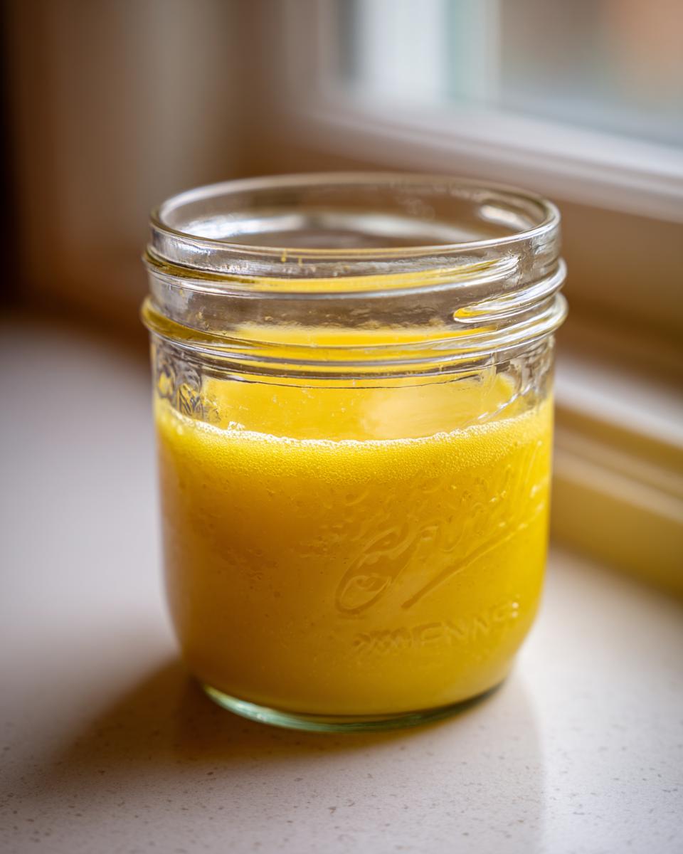 A bright yellow, emulsified salad dressing mixture inside a small glass mason jar.