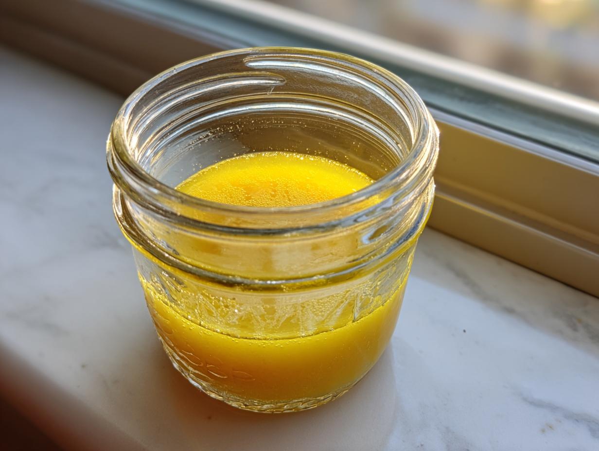 Close-up of bright yellow homemade salad dressing resting in a small glass mason jar.