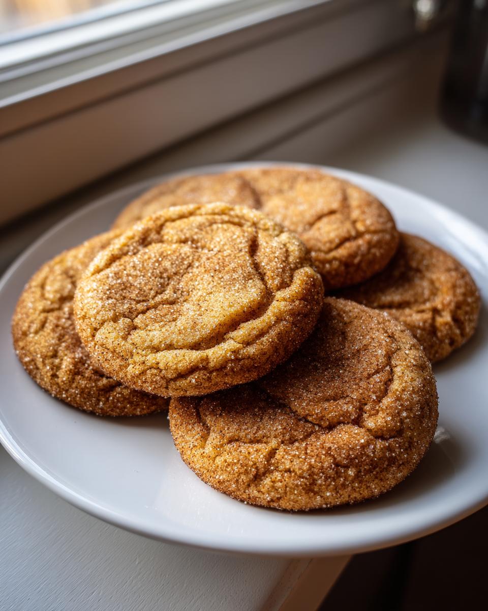 A stack of five soft, crinkly brown butter sugar cookies coated generously in cinnamon sugar, resting on a white plate.