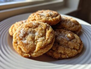 A stack of freshly baked brown butter sugar cookies coated in cinnamon sugar and coarse white crystals.