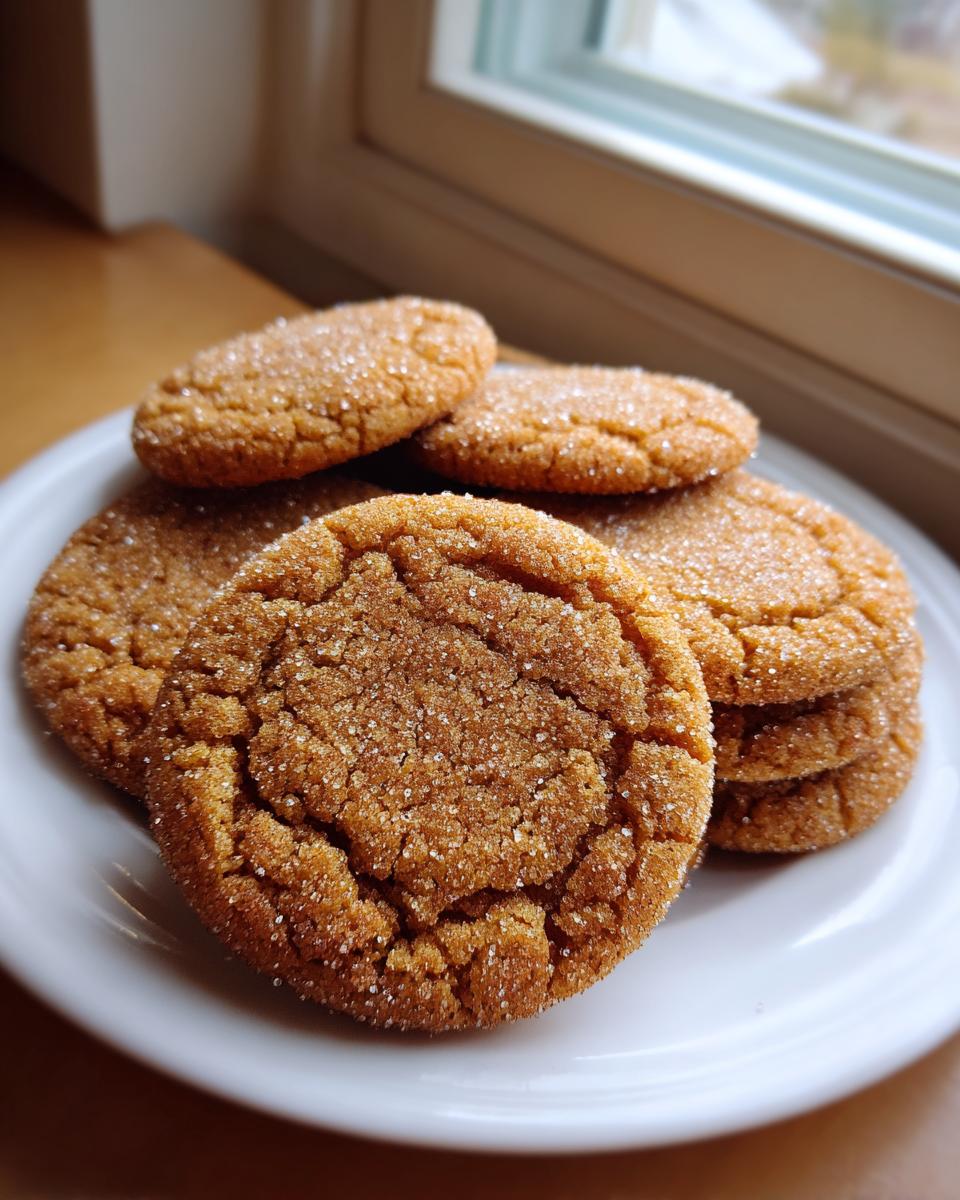 A close-up of several chewy brown butter sugar cookies rolled in granulated sugar, resting on a white plate near a window.
