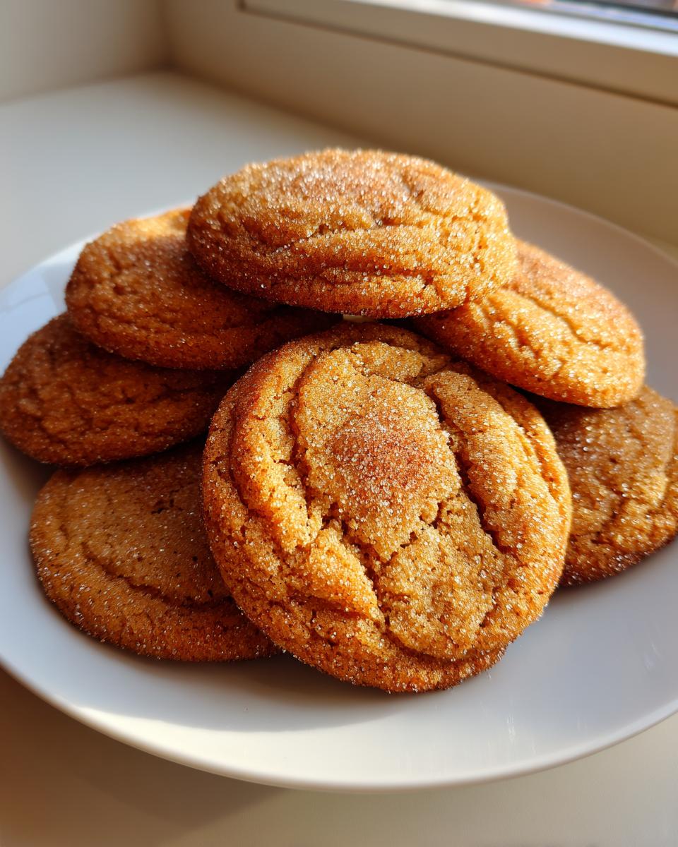 A close-up of several soft brown butter sugar cookies piled on a white plate, coated in sparkling sugar.