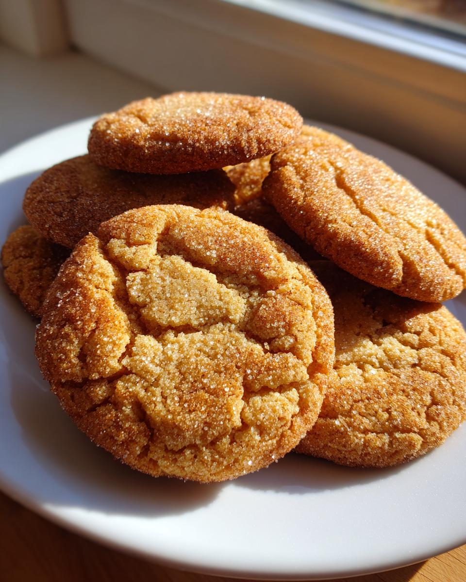 A close-up of several crinkled brown butter sugar cookies coated in sparkling sugar, resting on a white plate.