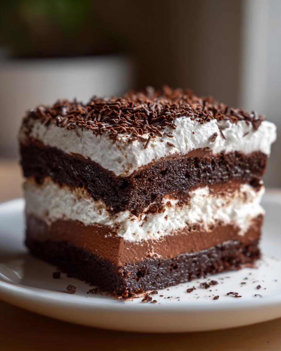 A decadent slice of brownie refrigerator cake showing layers of dark chocolate cake, mousse, and whipped cream, topped with chocolate shavings.