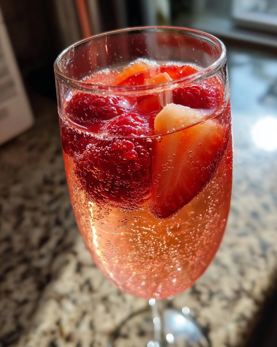 Close-up of a flute glass filled with bubbly, pink champagne punch garnished with fresh raspberries and strawberry slices.