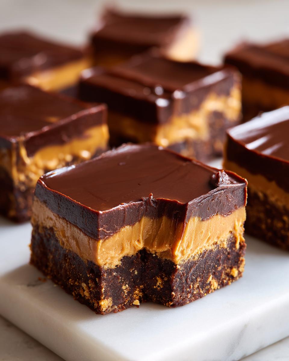A square piece of rich buckeye fudge bar with a bite taken out, showing chocolate, peanut butter, and crust layers.