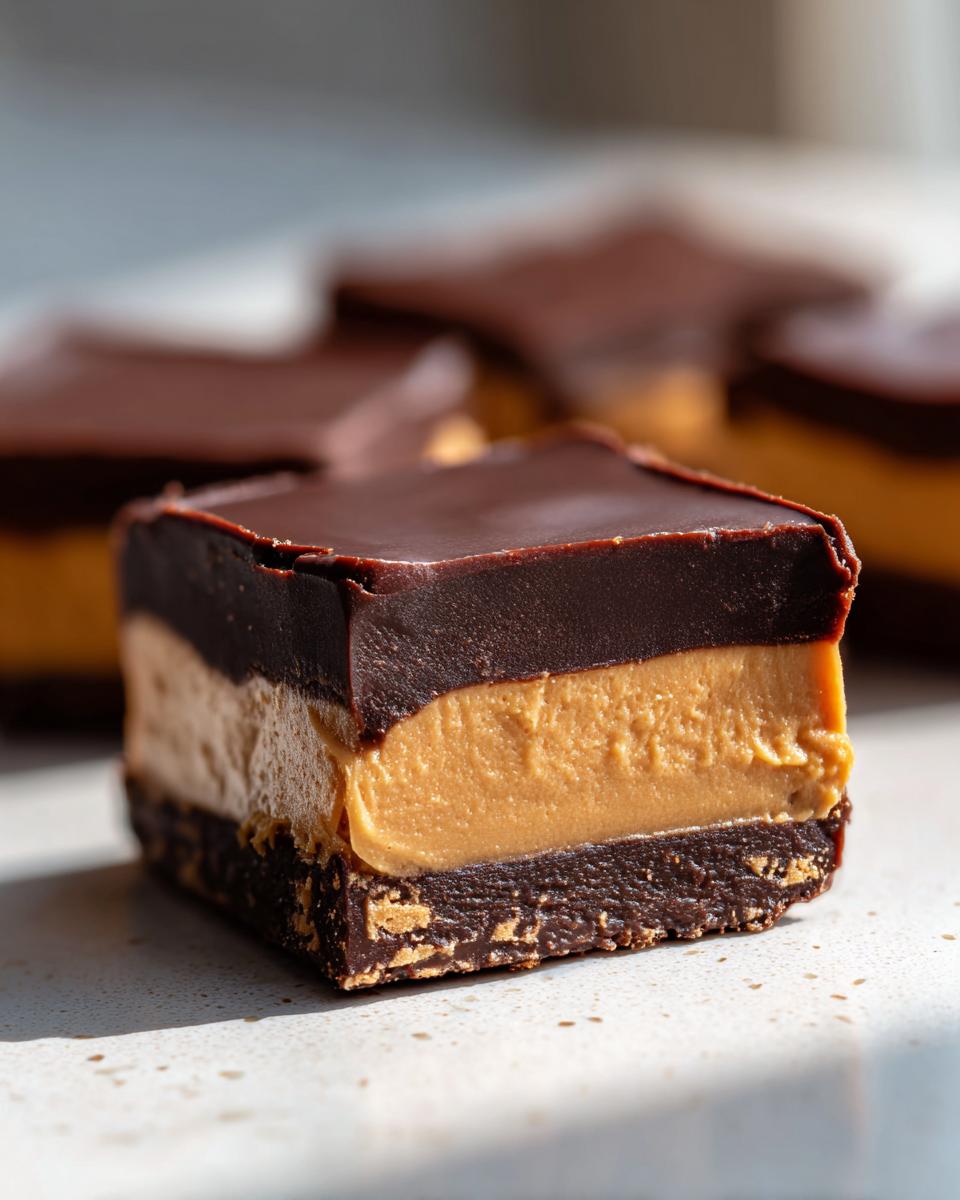 A close-up, cross-section view of a rich buckeye fudge square showing the dark chocolate top, peanut butter center, and chocolate crust.