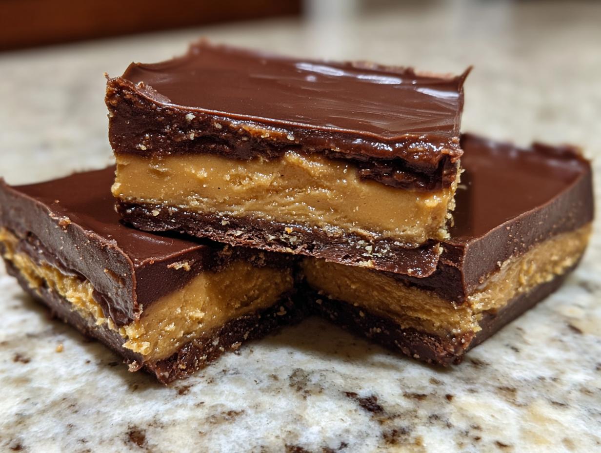 Three rich squares of buckeye fudge stacked, showing a thick peanut butter center layered between chocolate.
