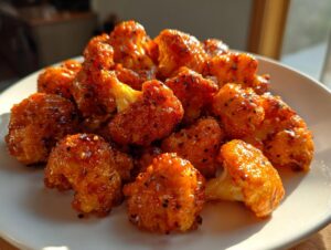 Close-up of crispy, orange-glazed buffalo cauliflower florets piled on a white plate.