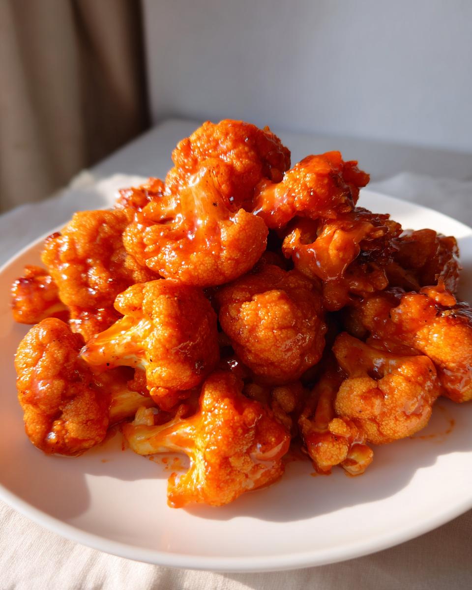 Close-up of crispy, bright orange buffalo cauliflower bites piled high on a white plate.