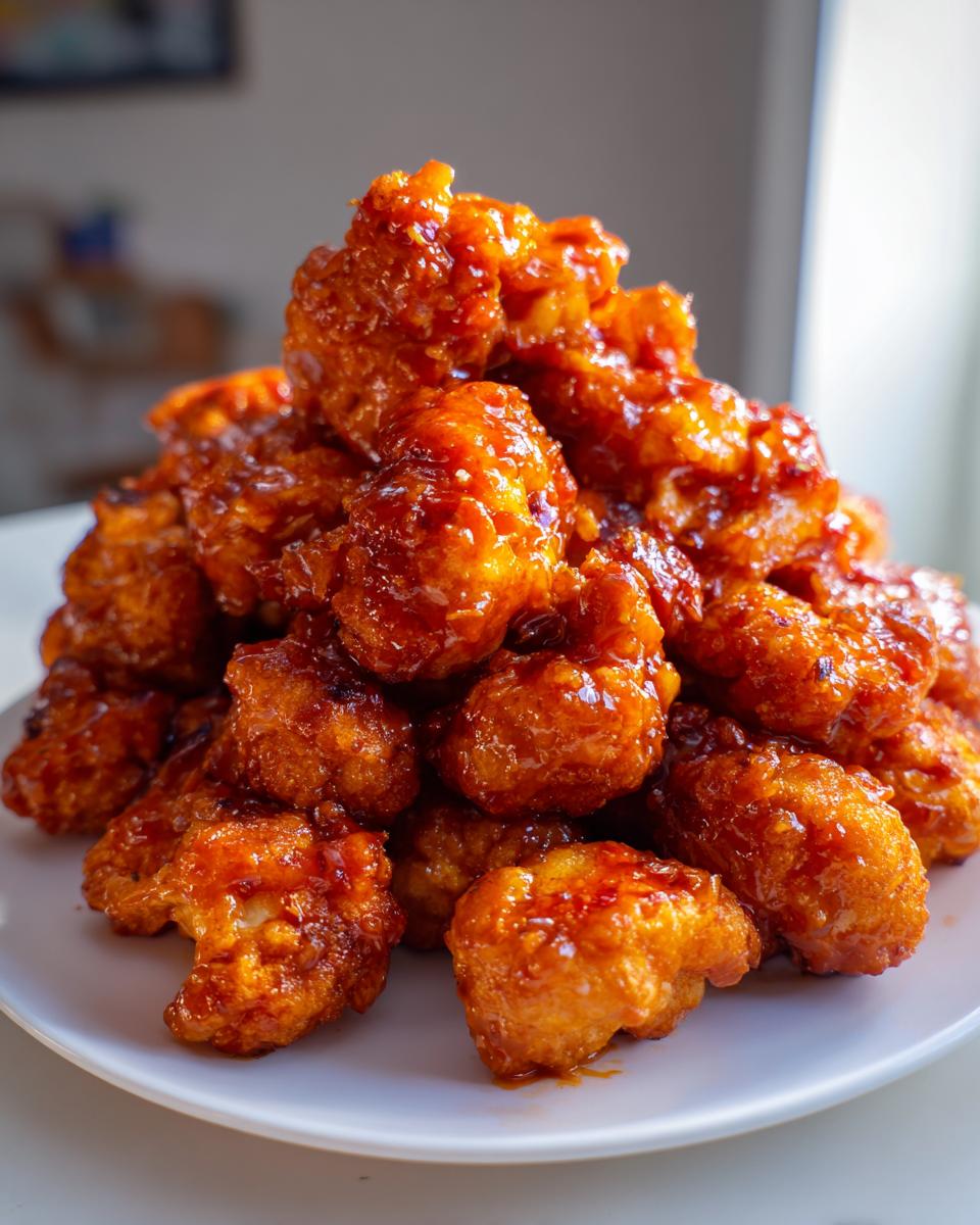 A tall pile of crispy, orange-glazed buffalo cauliflower bites stacked on a white plate.