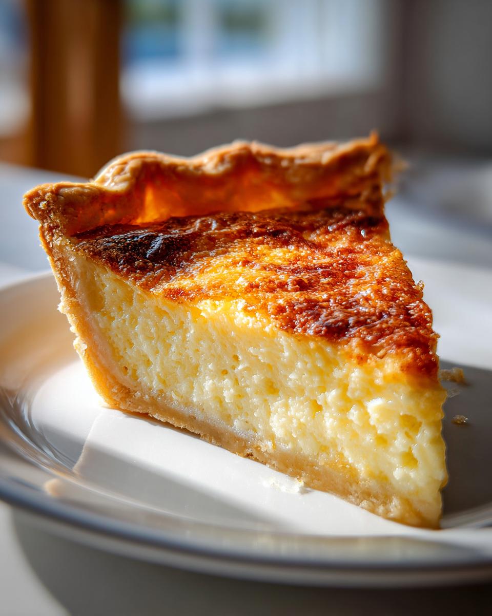 A close-up slice of rich, creamy buttermilk pie with a beautifully browned top crust, served on a white plate.