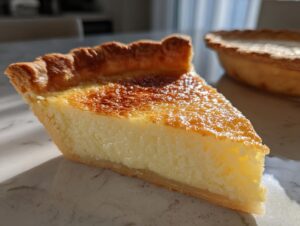 Close-up of a thick slice of buttermilk pie showing the creamy filling and golden-brown, caramelized top crust.