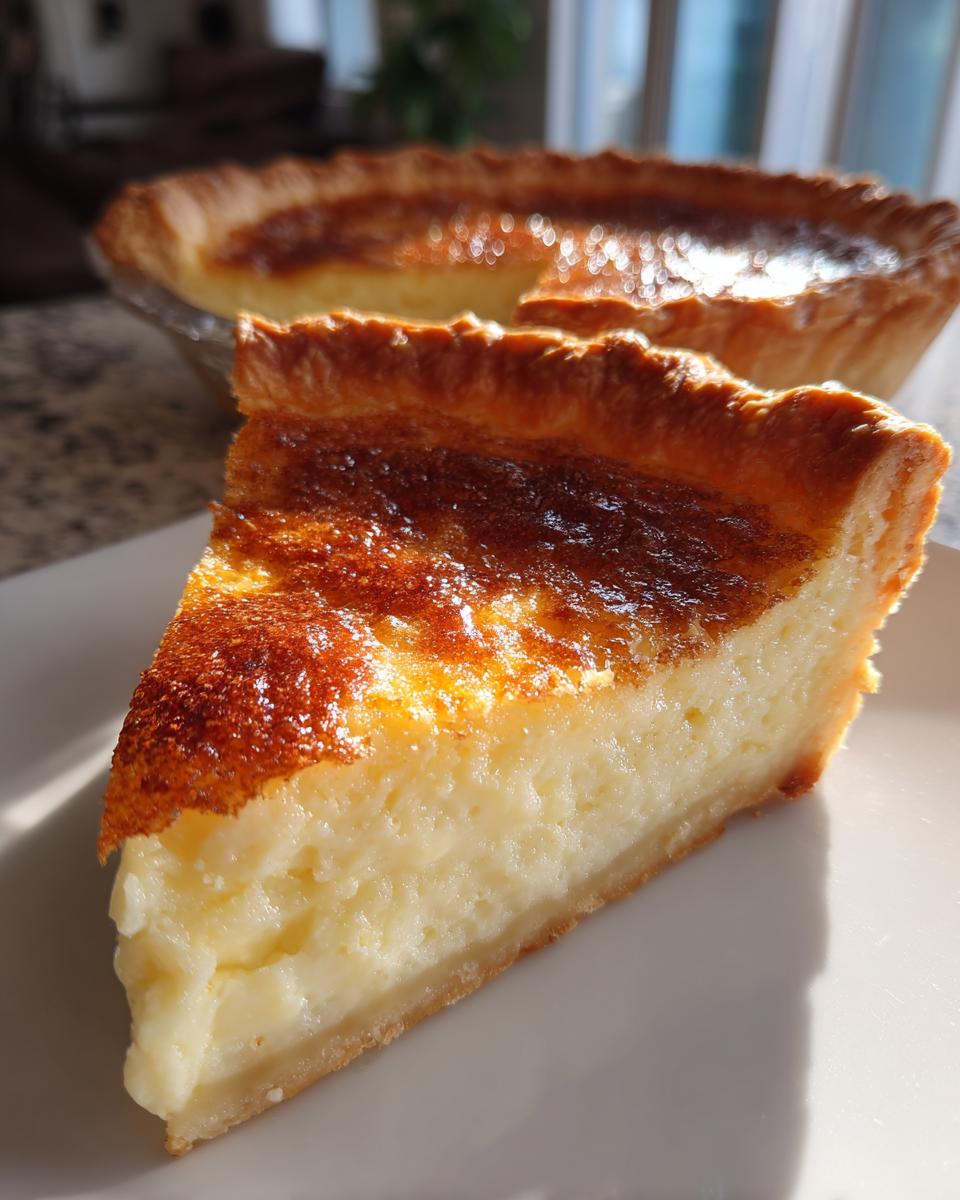 A close-up slice of rich, creamy buttermilk pie with a deeply browned, glossy top crust, served on a white plate.