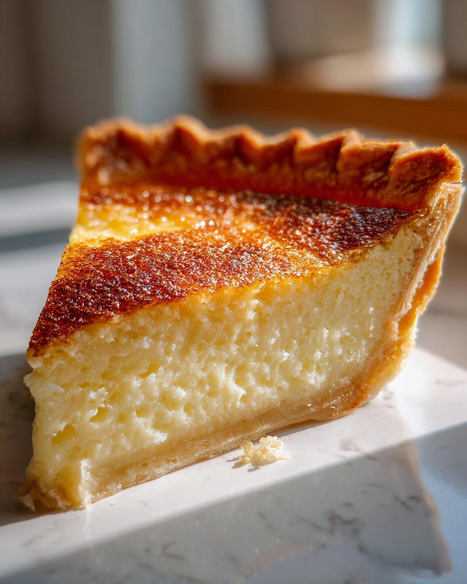 Close-up of a slice of creamy buttermilk pie showing the golden-brown, sugared top and flaky crust.