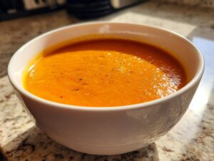 A close-up of a bowl of vibrant orange butternut squash soup, seasoned with pepper.