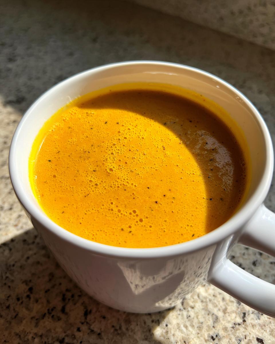 Close-up of vibrant orange butternut squash soup served hot in a white mug, sitting on a granite countertop.