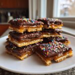 A stack of rich Caramel Ritz Cracker Christmas Cookies topped with chocolate and colorful sprinkles.