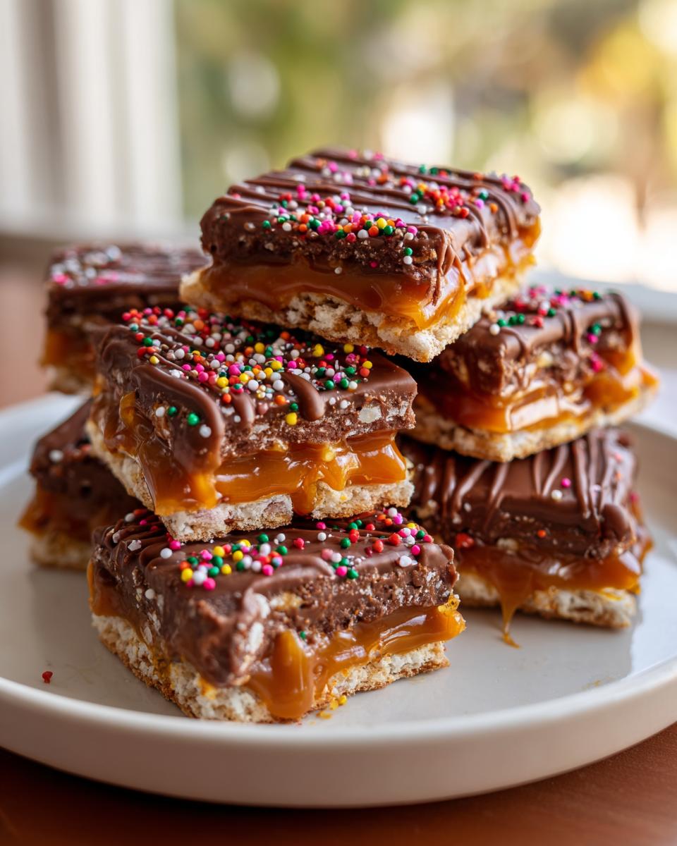 A stack of rich Caramel Ritz Cracker Christmas Cookies topped with chocolate drizzle and colorful sprinkles.