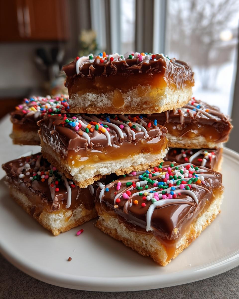 A stack of rich Caramel Ritz Cracker Christmas Cookies topped with chocolate, white drizzle, and colorful sprinkles.
