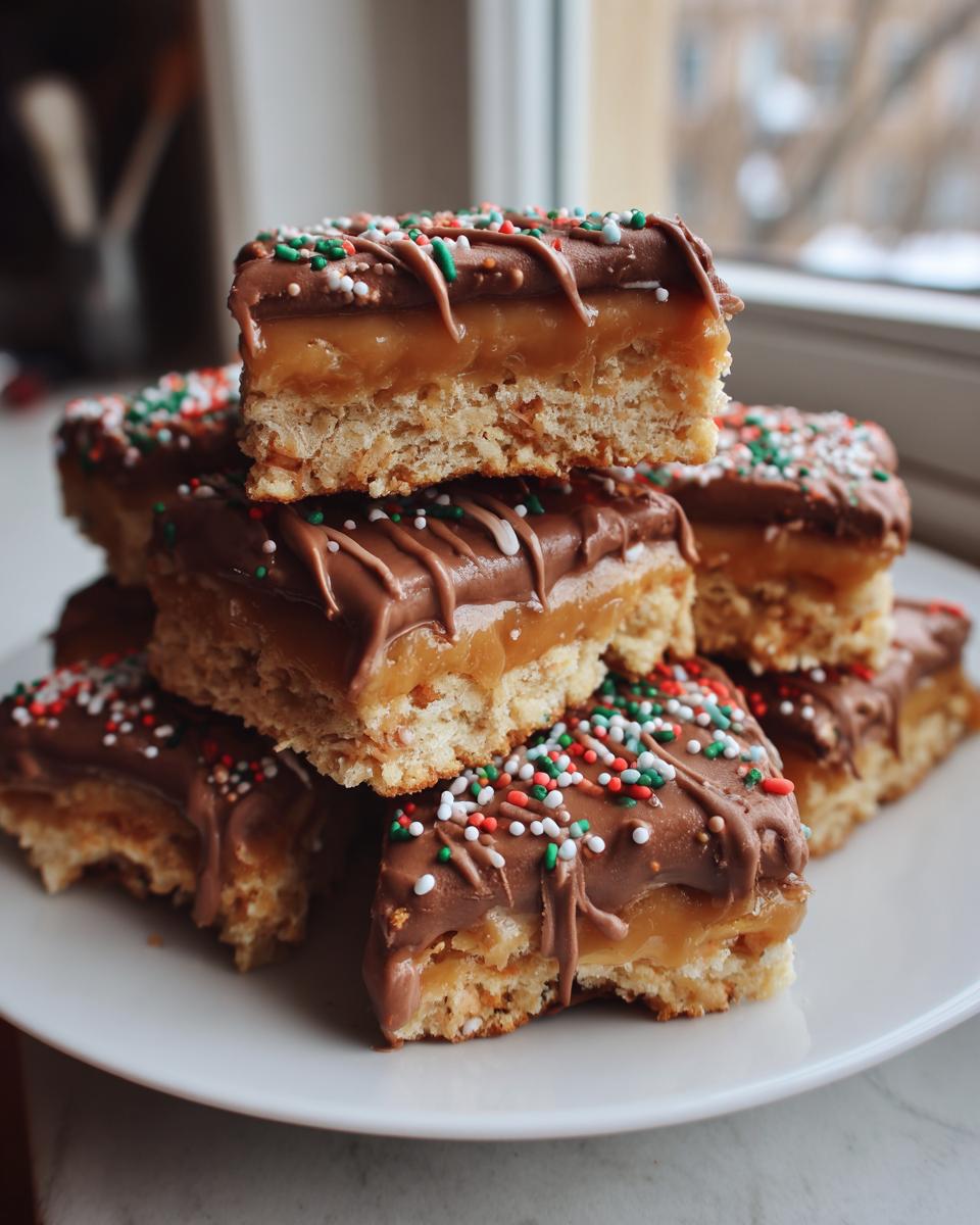 A stack of Caramel Ritz Cracker Christmas Cookies topped with chocolate drizzle and festive sprinkles.