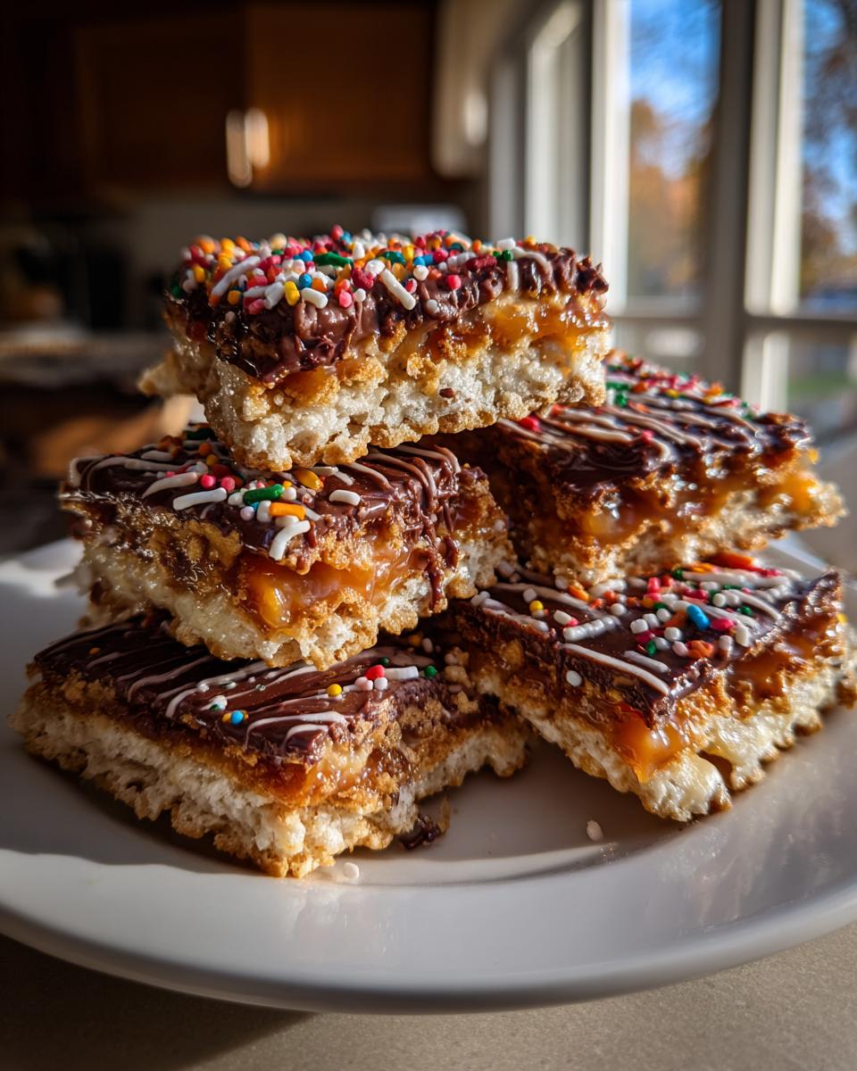 Stack of Caramel Ritz Cracker Christmas Cookies featuring a crispy base, caramel layer, chocolate topping, and sprinkles.