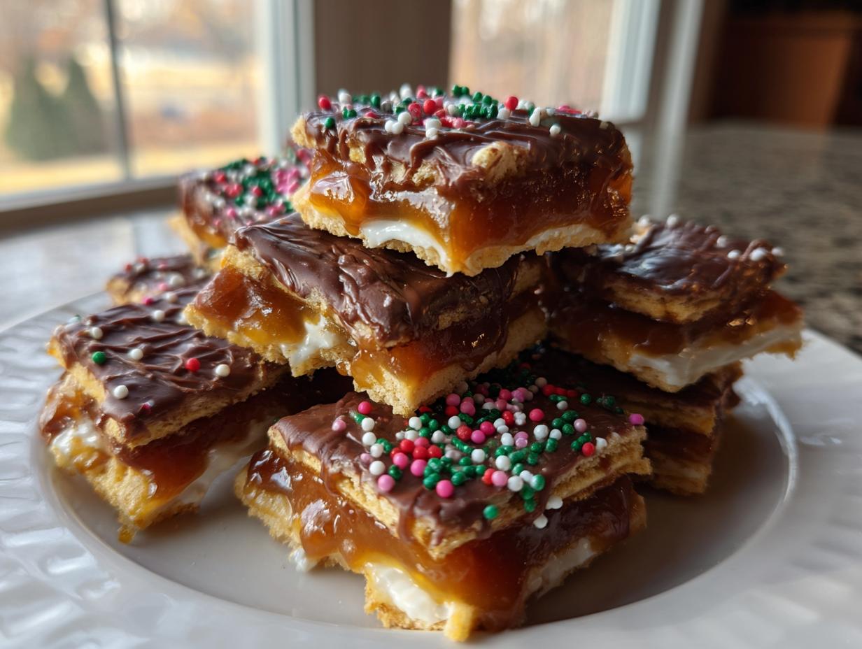 A stack of Caramel Ritz Cracker Christmas Cookies topped with chocolate and festive sprinkles on a white plate.