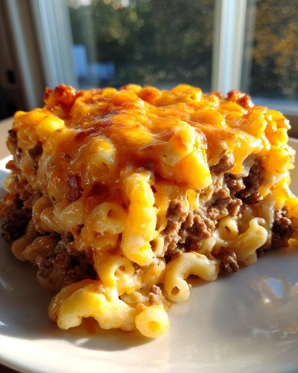 A close-up serving of a hearty cheeseburger casserole featuring elbow macaroni, ground beef, and melted cheddar cheese topping.