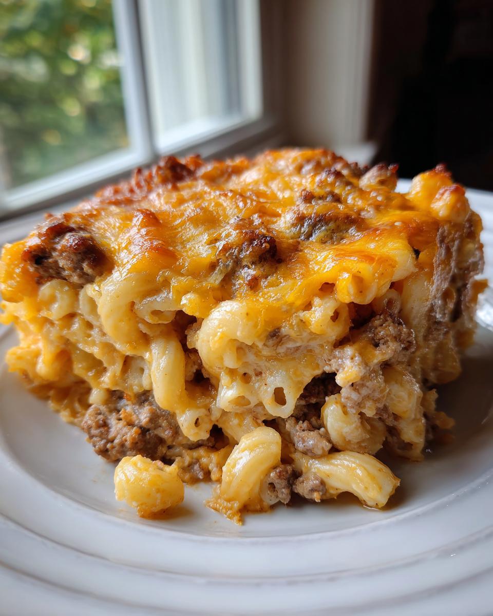 A generous square serving of baked cheeseburger casserole featuring elbow macaroni, ground beef, and a melted, browned cheddar cheese topping.