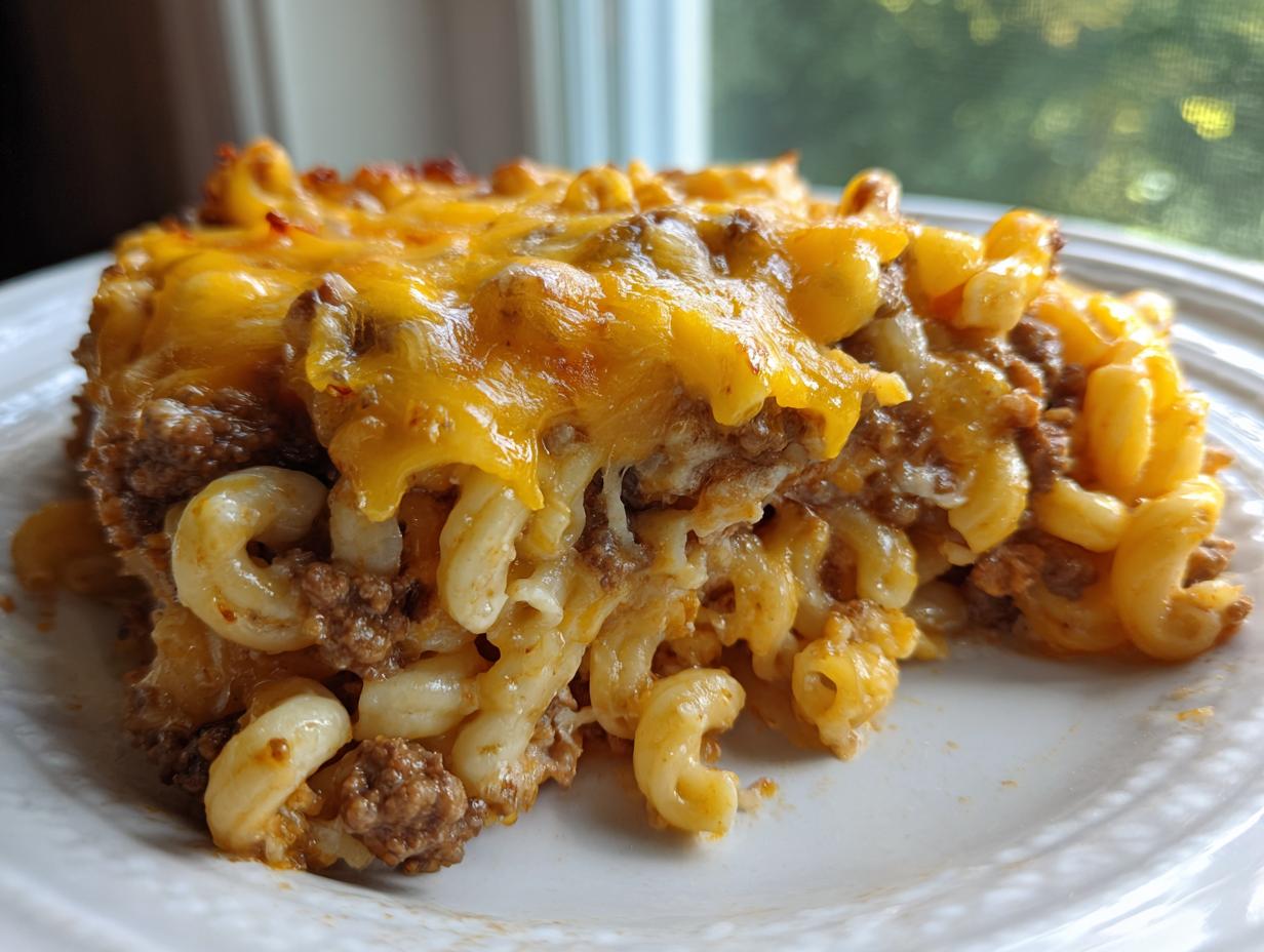 A close-up serving of cheesy cheeseburger casserole featuring ground beef, elbow macaroni, and melted cheddar cheese.