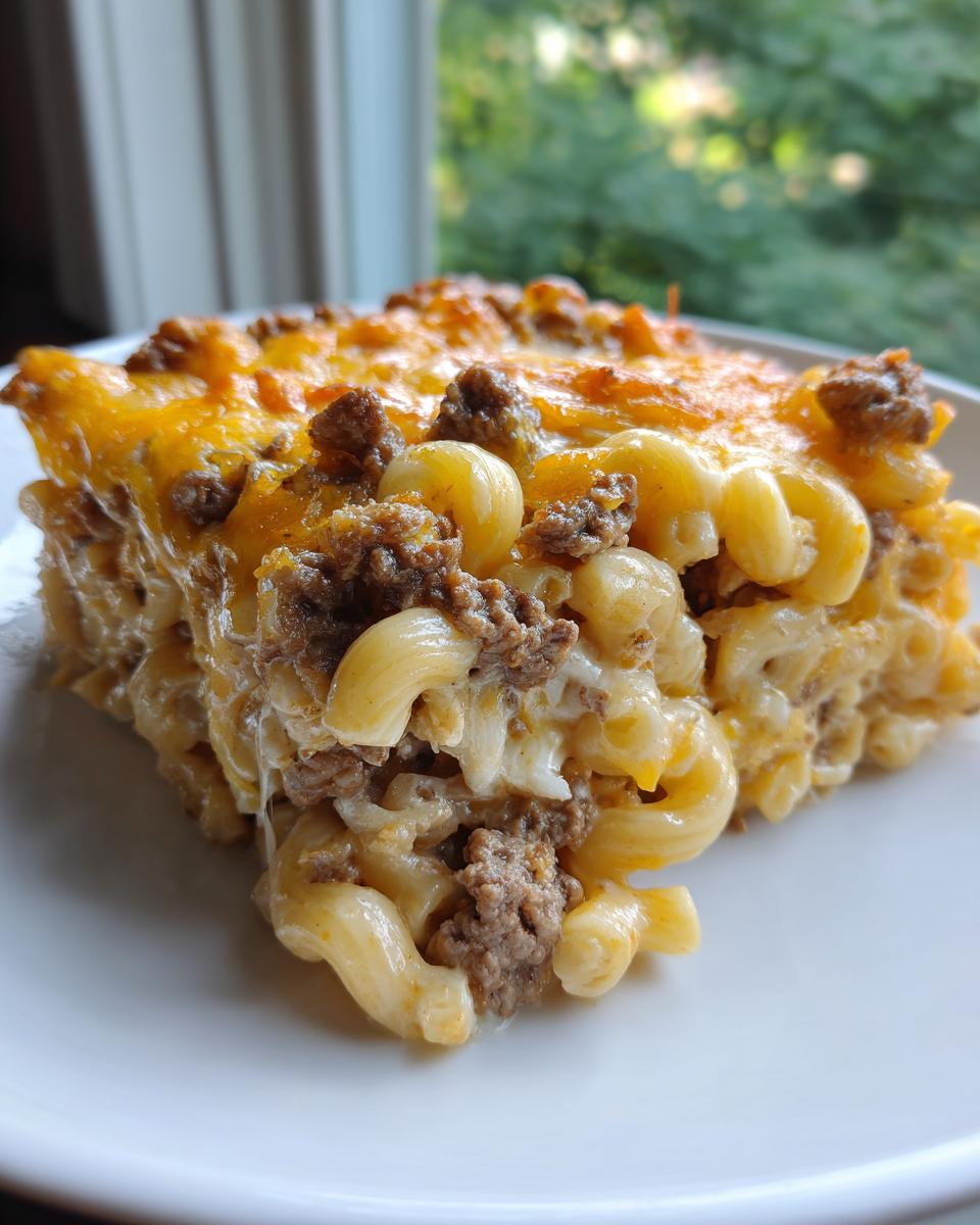 A close-up serving of cheesy cheeseburger casserole featuring elbow macaroni, ground beef, and melted cheddar cheese topping.